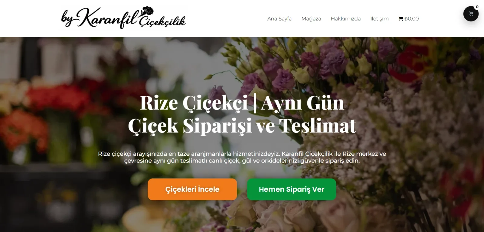 Karanfil Çiçekçilik web sitesi ana sayfası