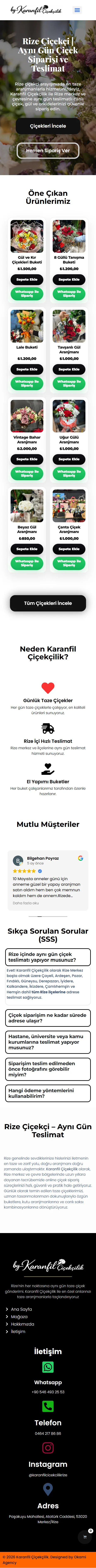 Karanfil Çiçekçilik web sitesinin mobil görünümü
