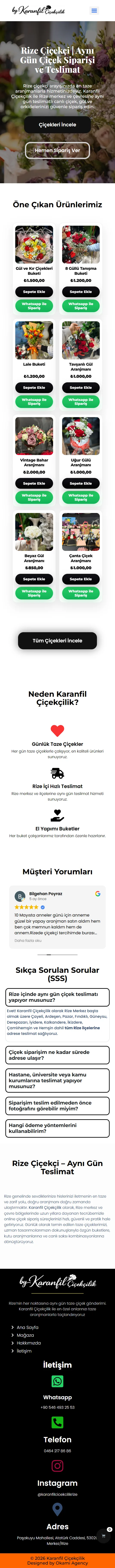 Karanfil Çiçekçilik web sitesinin mobil görünümü