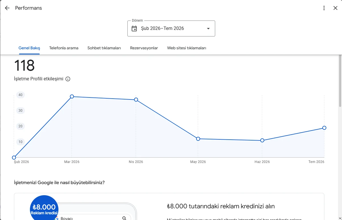 Google İşletme Profili performans grafiği: 118 işletme profili etkileşimi