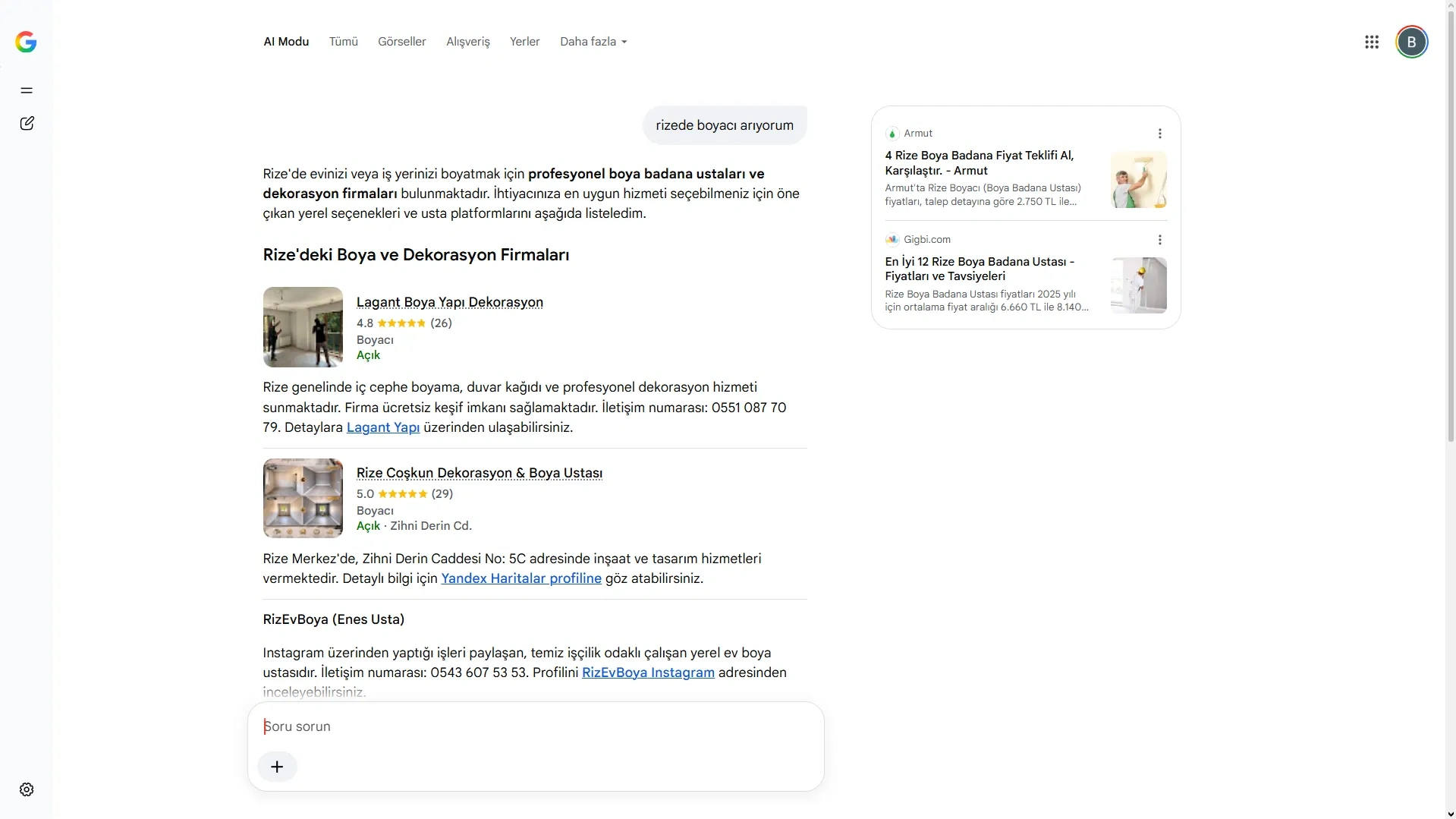 Google AI Modu'nun "rizede boyacı arıyorum" aramasında Lagant Yapı'yı ilk sırada göstermesi