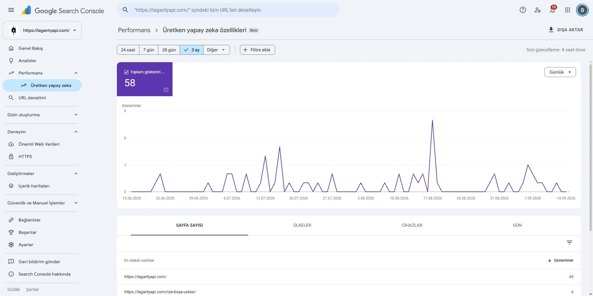 Google Search Console "Üretken yapay zeka özellikleri" raporu: 58 gösterim