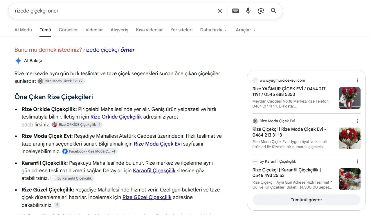 Google AI Bakışı'nın "rizede çiçekçi öner" sorgusunda Karanfil Çiçekçilik'i önermesi