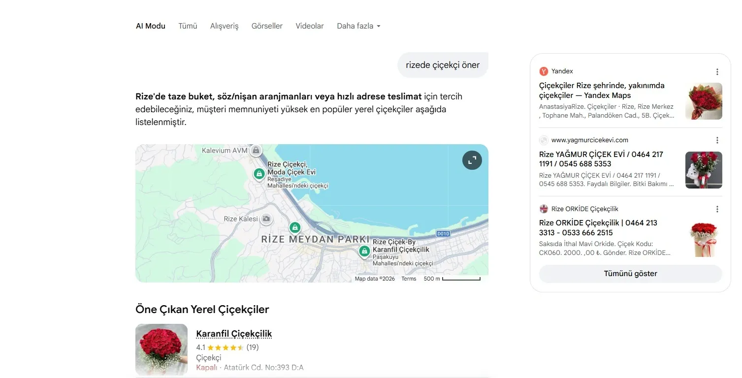 Google AI Modu'nun harita ve öne çıkan yerel çiçekçiler listesinde Karanfil Çiçekçilik'i göstermesi