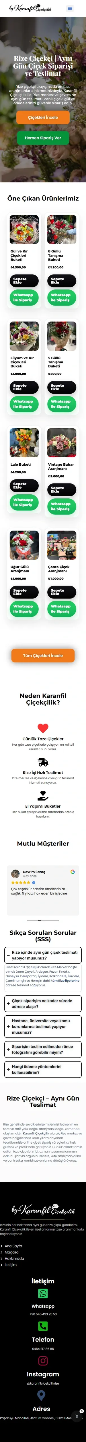 Karanfil Çiçekçilik web sitesinin mobil görünümü